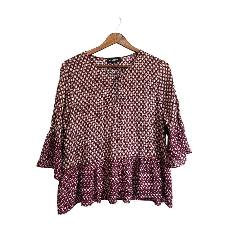 Nixon Asked Cash Blouse Womens L Burgundy Excellent Mixed Print Bell Sleeve Boho